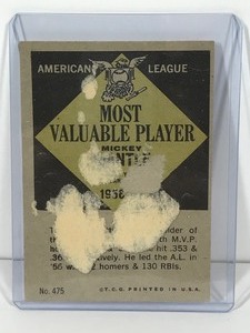 lot 128 image: 1961 Topps Mickey Mantle MVP American League 1956-57 Baseball Card #475