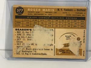 lot 132 image: 1960 Topps Baseball Card Roger Maris #377