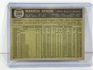 lot 138 image: 1961 Topps Baseball Card Warren Spahn #200