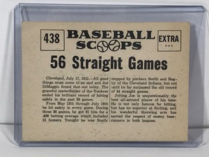 lot 141 image: 1961 Baseball Scoops Baseball Card Joe DiMaggio Hits in 56 Straight Games #438