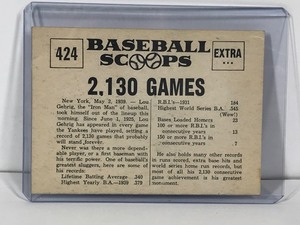 lot 143 image: 1961 Baseball Scoops Baseball Card Lou Gehrig Consecutive Game Record Ends at 2,130 Games #424