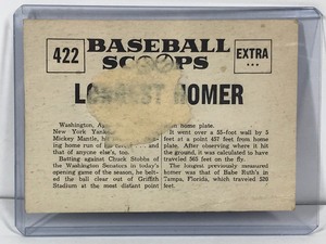 lot 144 image: 1961 Baseball Scoops Baseball Card Mickey Mantle Hits Longest Homer #422