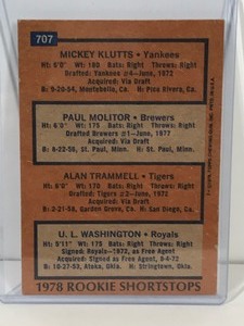 lot 146 image: 1978 Topps Rookie Shortstops (Mickey KluttsPaul MolitorAlan TrammellU.L. Wash Baseball Card #707