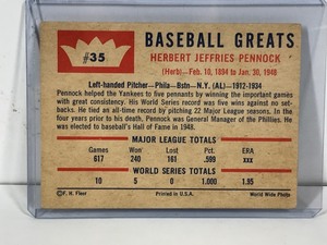 lot 158 image: 1960 Fleer Baseball Card Herb Pennock #35