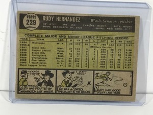 lot 162 image: 1961 Topps Baseball Rookie Card Rudy Hernandez #229