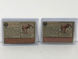 lot 168 image: 1962 Topps Baseball Cards - Carl Willey- Same player with a different picture - the back is the same and the card number is the same but the picture is different - Card #174