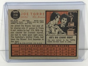 lot 170 image: 1962 Topps Baseball Card All Star Rookie Joe Torre #218