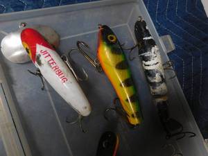 lot 241 image: Musky lures in Plano tackle box
