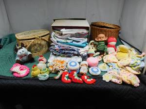 lot 355 image: Sewing basket of sewing supplies, basket, box of material, crocheted items and more