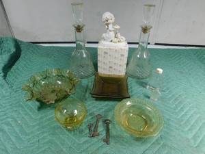 lot 380 image: Precious moment figurine, depression dishes, vintage keys, decanters and more