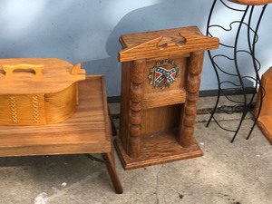 lot 392 image: Lot of shelves, small wooden fold up table, wooden basket and more