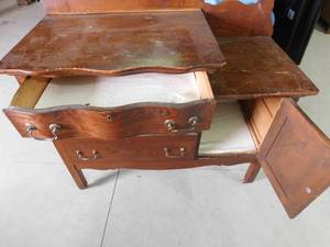 lot 9 image: Antique bathroom vanity with wash stand and towel bar