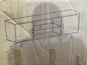 lot 53 image: Walker Edison 70 Inch Slate Grey Glass Shelf 2-Door TV Console