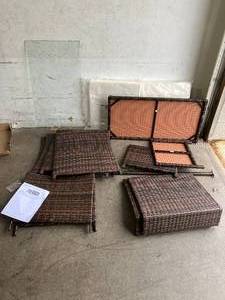 lot 59 image: 4-Piece Brown Wicker Patio Conversation Set with Soft Cushions & Tempered Glass Coffee Table