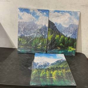 lot 108 image: wall26 - Canvas Print Wall Art  3-Piece Set of Blue Mountain with Emerald Forest & Lake