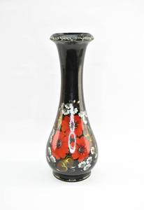 lot 159 image: Tall Hand-Painted Wooden Vase with a Red Floral Design