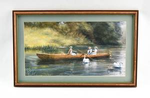 lot 329 image: Rodrick Lovesey Print of Woman in Boat