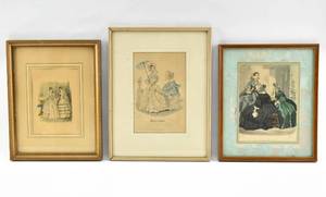 lot 262 image: Three Framed Antique French Fashion Engravings