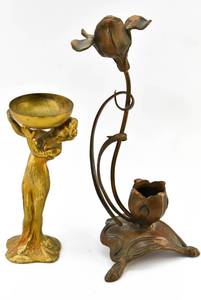 lot 167 image: Metal Art Nouveau Inkwell and Pedestaled Dish