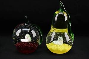 lot 118 image: Pair of Gibson Glass Fruit Paperweights with Worm
