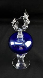lot 115 image: Blown Cobalt Blue Glass Vase with Hummingbird Stopper