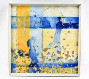 lot 68 image: Julie Rall Yard Birds Oil Painting and Gold Leaf on Plexi 2003