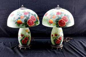 lot 3 image: Pair of Vintage Glass Rose Garden Lamps Inspired by Dale Tiffany