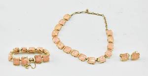 lot 105 image: Matching Pink and Gold Toned Coro Bracelet, Earrings, and Necklace
