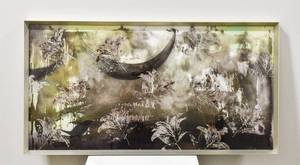 lot 67 image: Julie Rall Silver Lily Oil Painting & Aluminum Leaf on Plexi 2002