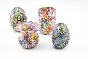 lot 290 image: Assortment of Four Colorful Millefiori Glass Paperweights and Vases