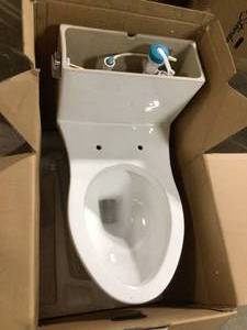 lot 12 image: American Standard Colony 1-Piece 1.28 GPF Single Flush Elongated Toilet in White Seat Included   Customer Returns See Pictures