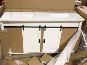 lot 17 image: Glacier Bay Brindley 60 in. W x 20 in. D x 34.5 in. H Barn Door Bath Vanity in White with Engineered Stone Top  Customer Returns See Pictures