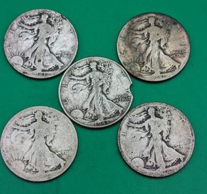 Five Misc. Walking Liberty Silver Half Dollars
