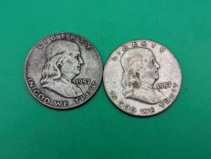 Two 1957 Benjamin Franklin Silver Half Dollars