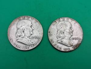 Two 1954 Benjamin Franklin Silver Half Dollars