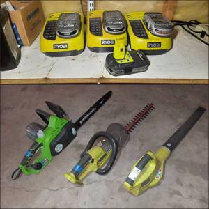 lot 52 image: Ryobi Leaf Blower, Hedge Trimmer, Greenworks Chain Saw and Ryobi Battery chargers