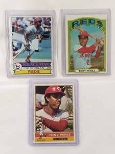 lot 81 image: Lot of 3 Joe Morgan 1979 Topps No. 20, Tony Perez 1976 Topps No. 325, Tony Perez 1972 Topps No. 80