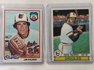 lot 85 image: Lot of 2 Eddie Murray 1979 Topps No. 640, Jim Palmer 1978 Topps No. 160