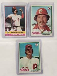 lot 88 image: Lot of 3 Steve Carlton 1976 Topps 355, Steve Carlton 1972 Topps 540, Mike Schmidt 1978 Topps 360