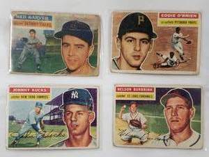 lot 116 image: Lot of 4 1956 Topps Ned Garver No. 189, Johnny Kucks No. 88, Eddie OBrien No. 116, Nelson Burbrink No. 27
