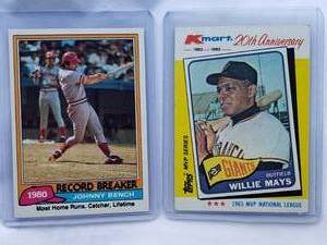lot 167 image: Lot of 2 Willie Mays Topps Kmart MVP Series No. 8, Johnny Bench Record Breaker 1981 Topps No. 201