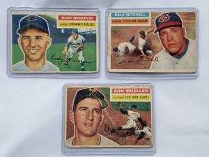 lot 176 image: Lot of 3 Rudy Minarcin 1956 Topps 36, Don Mueller 1956 Topps No. 241, Dale Mitchell 1956 Topps No. 268