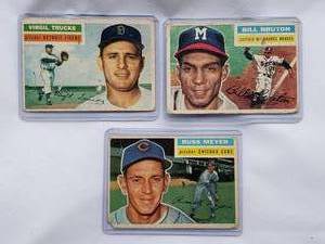 lot 181 image: Lot of 3 1956 Topps Bill Bruton No. 185, Virgil Trucks No. 117, Russ Meyer No. 227