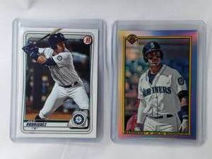 lot 215 image: Lot of 2 Julio Rodriguez 2019 Topps Bowman No. 90B-JR, 2020 Topps Bowman No. BP-19