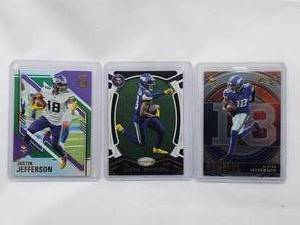 lot 248 image: Lot of 3 Justin Jefferson 2021 Panini Certified No. 73, 2021 Panini Donruss Elite No. 45, 2021 Panini Select Numbers No. SN-24