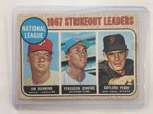 lot 272 image: 1967 N.L. Strikeout Leaders Jim Bunning, Ferguson Jenkins, Gaylord Perrty Topps No. 11