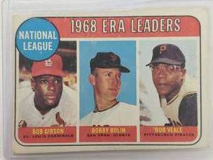 lot 276 image: 1968 National League ERA Leaders Bob Gibson, Bobby Bolin, Bob Veale Topps No. 8