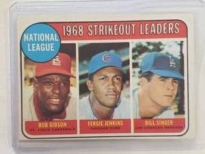 lot 281 image: 1968 National League Strikeout Leaders Bob Gibson, Fergie Jenkins, Bill Singer Topps No. 12