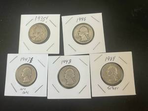 5 Washington Quarters - 1935, 1946, 1947, 1948, & 1964