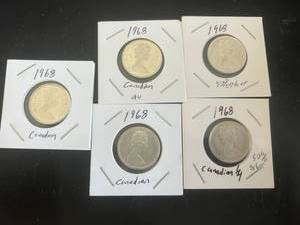 5 - 1968 Canadian Quarters 50% Silver